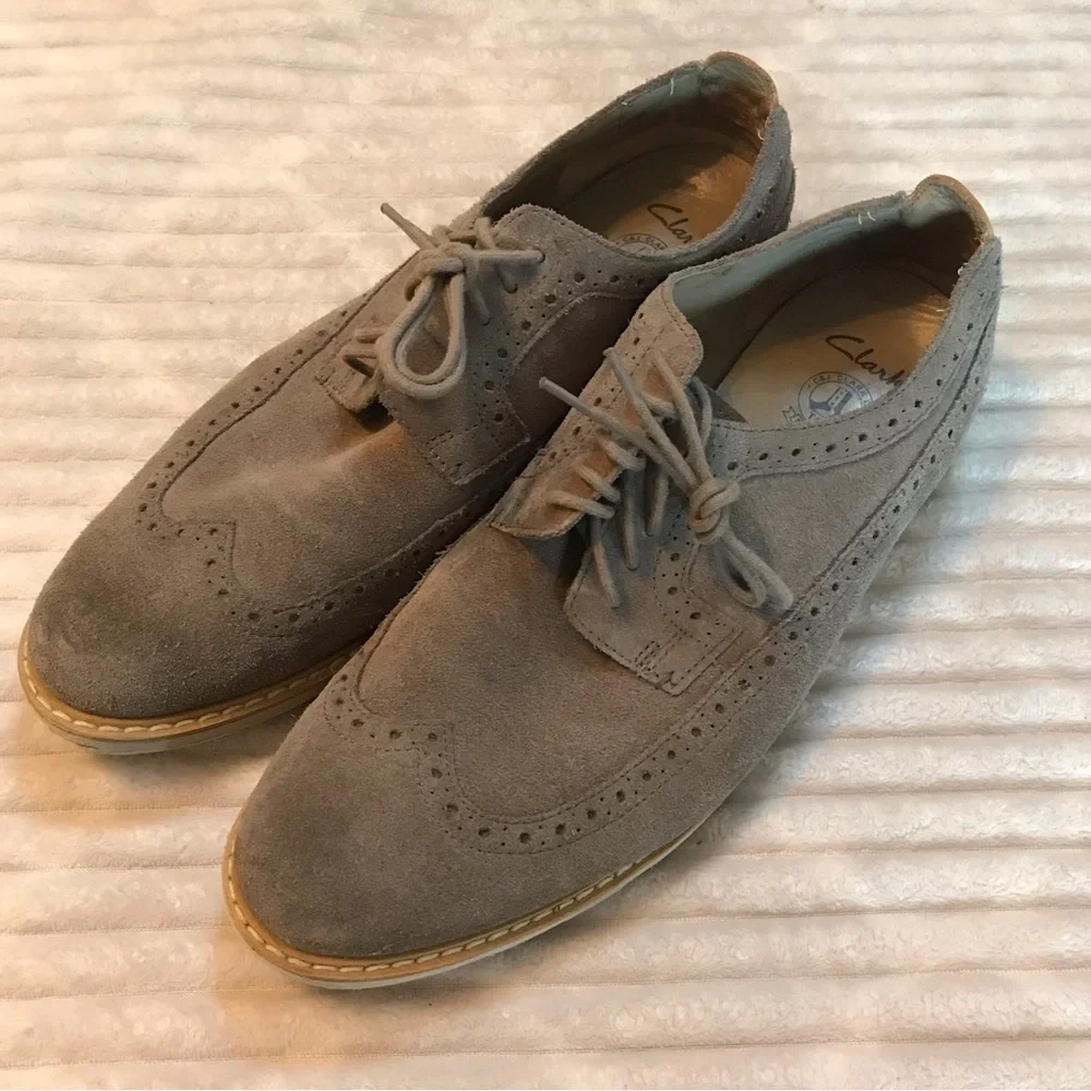CLARKS MEN'S GAMBESON SUEDE BROGUES SAGE GREY Derby Dress Shoes Size 10.5